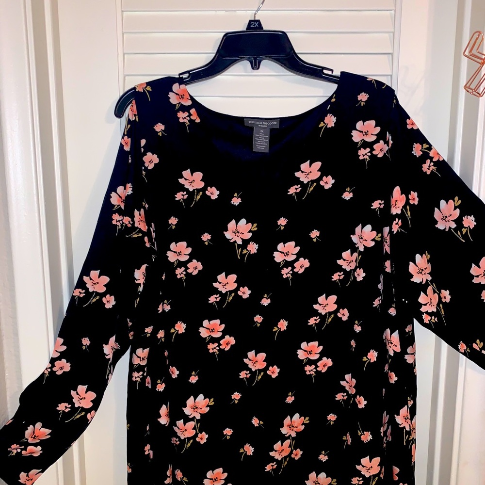 Black and pink floral cold shoulder dress.